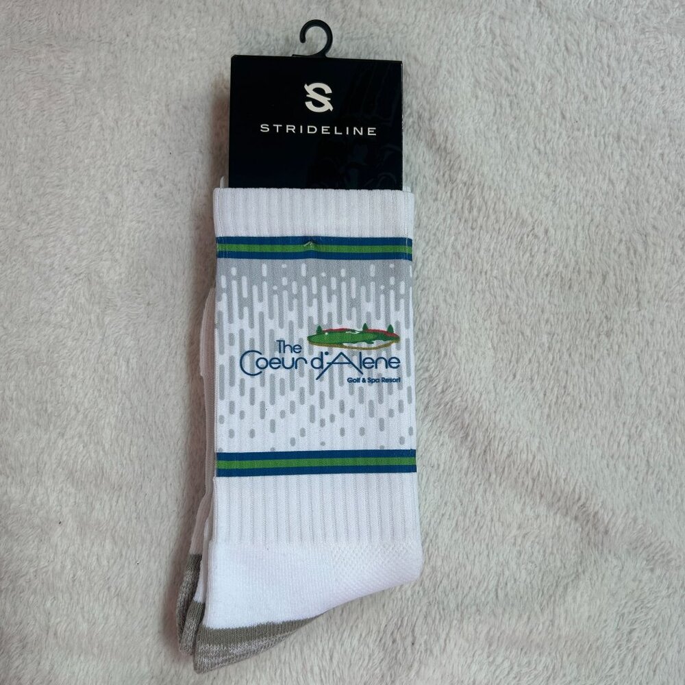 Strideline Coeurd Alene GC White Crew Socks Sweat Wicking Tech New
